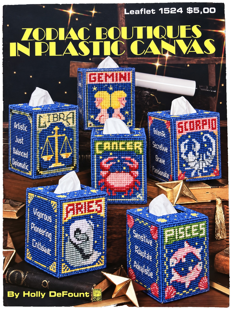 NEW Leisure Arts Zodiac Tissue Box Plastic Canvas Pattern Leaflet 1524 Book Rare